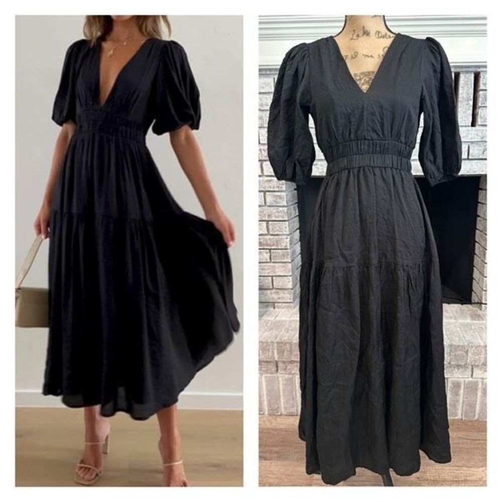 Puff Sleeve Deep V Neck Midi Dress Tiered A Line Small Goth, Voodoo, Cottagegoth
